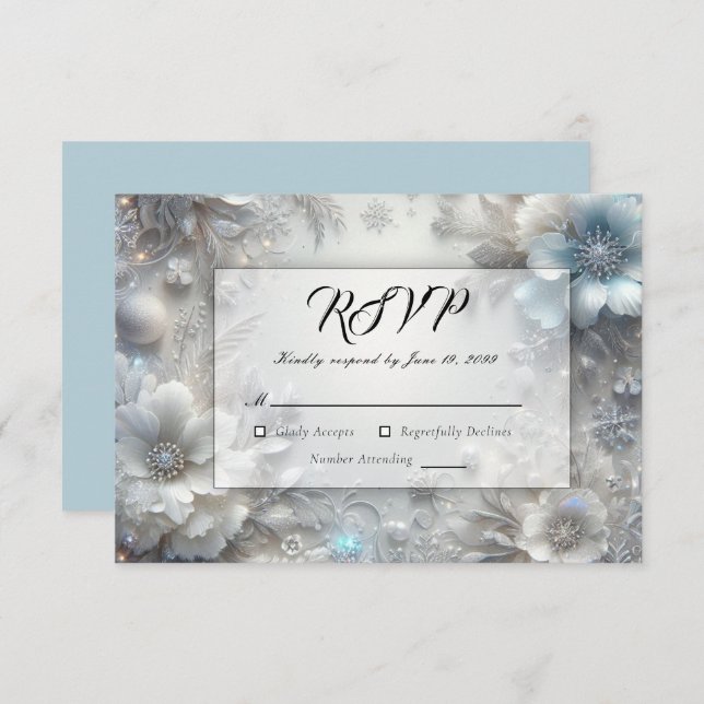 Cartão RSVP Snowy Petals in Frozen Bloom Wedding (Frente/Verso)