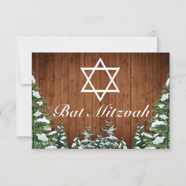 Cartão RSVP Snowy Wood & Forest Rural Pine Bar Bat Mitzvah (Frente)