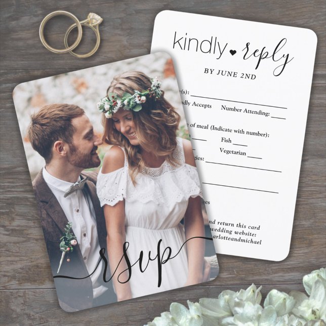 Cartão RSVP Sobreposição de Foto Script Simples Casamento Eleg (Criador carregado)