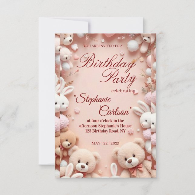 Cartão RSVP Soft Pink Teddy Bear Birthday Invitation (Frente)