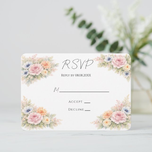 Cartão RSVP Soft Watercolor Floral Wedding (Em pé/Frente)