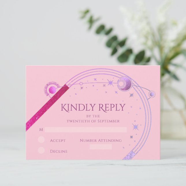 Cartão RSVP Solo Rosa Celestial Púrpura Sol Lua Estrelas Casam (Em pé/Frente)