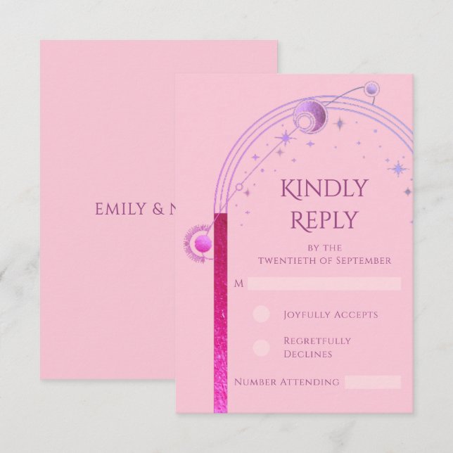 Cartão RSVP Solo Rosa Celestial Púrpura Sol Lua Estrelas Casam (Frente/Verso)