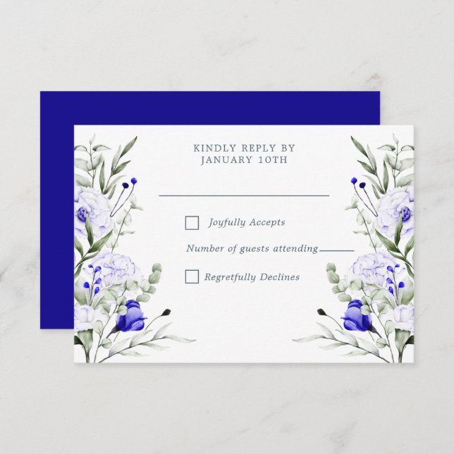 Cartão RSVP Sombra de Casamento Floral Real Azul De Marfim (Frente/Verso)