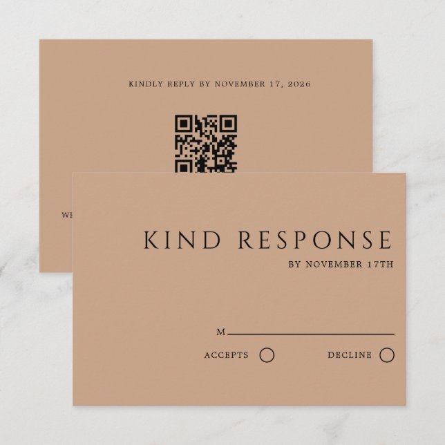 Cartão RSVP Sophisticated Tan QR Code Elegant Wedding (Frente/Verso)