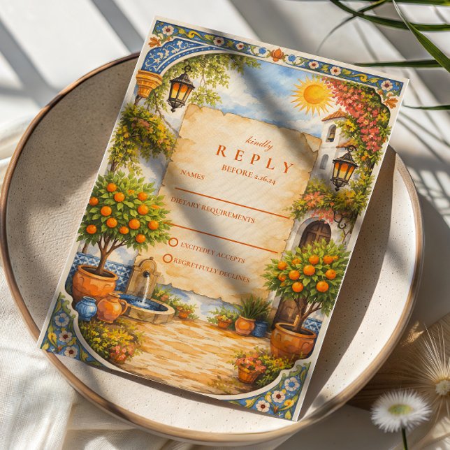 Cartão RSVP Spanish Courtyard Romance Wedding (Criador carregado)