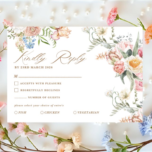 Cartão RSVP Spring garden pastel floral wildflower wedding (Criador carregado)