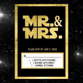 Cartão RSVP Sr. e Sra. Sci Fi Black Dourado Wedding