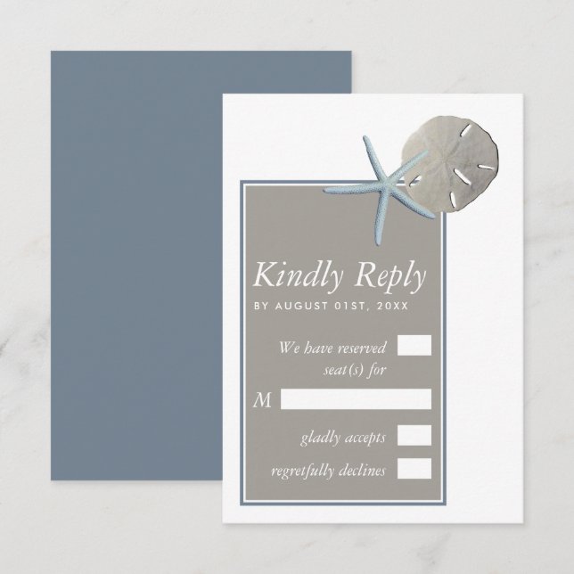 Cartão RSVP Starfish e Sand Dollar - Casamento de Praia (Frente/Verso)