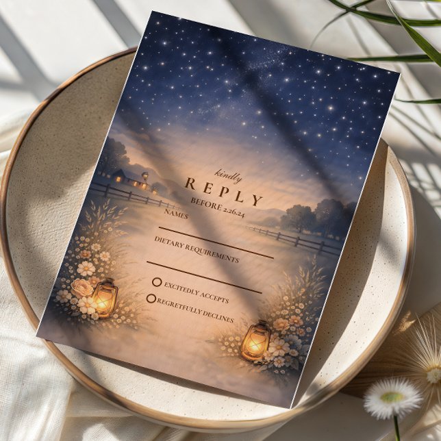 Cartão RSVP Starry Night Rustic Meadow Wedding (Criador carregado)