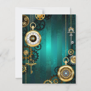 Cartão RSVP Steampunk Jewelry Watch em um fundo verde