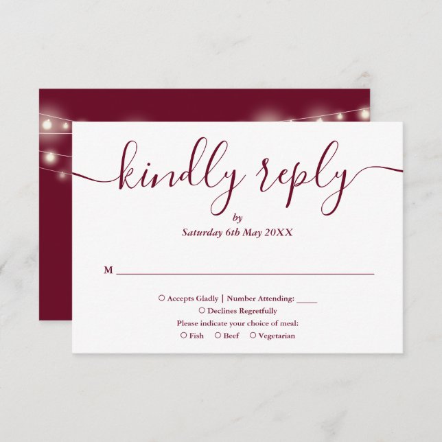 Cartão RSVP String Lights Burgundy Script Medium Choice (Frente/Verso)
