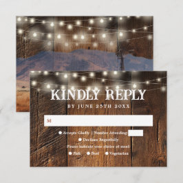 Cartão RSVP String Lights Rustic Barn Wood Western Wedding