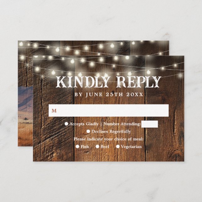 Cartão RSVP String Lights Rustic Barn Wood Western Wedding (Frente/Verso)