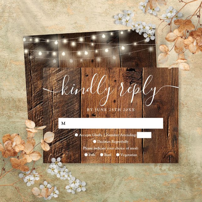 Cartão RSVP String Luzes Rustic Wood Boho Western Weding (String Lights Rustic Wood Boho Western Wedding RSVP Card)