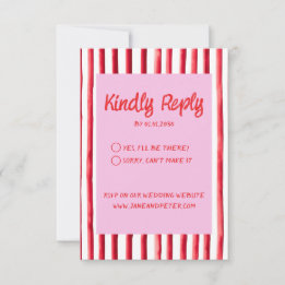 Cartão RSVP Striped Pink & Red Handwriting Wedding