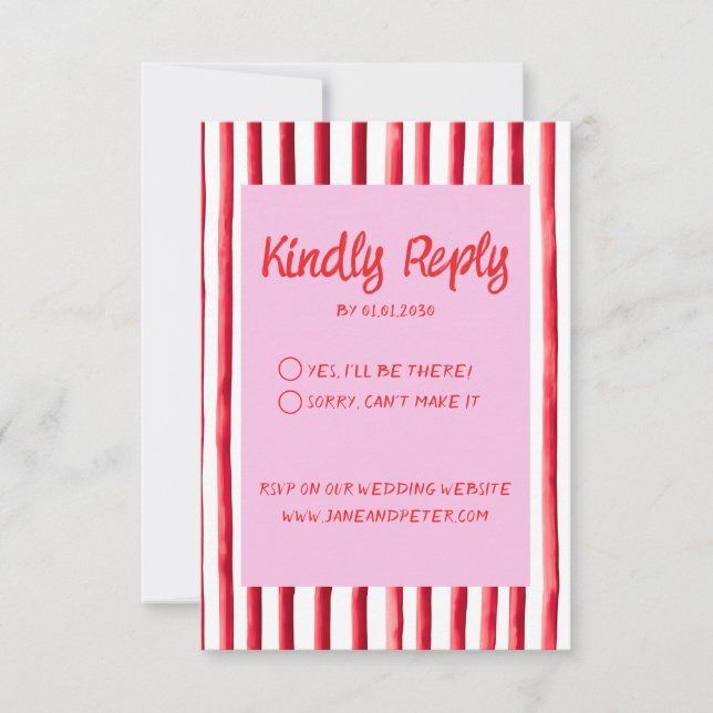 Cartão RSVP Striped Pink & Red Handwriting Wedding (Frente)