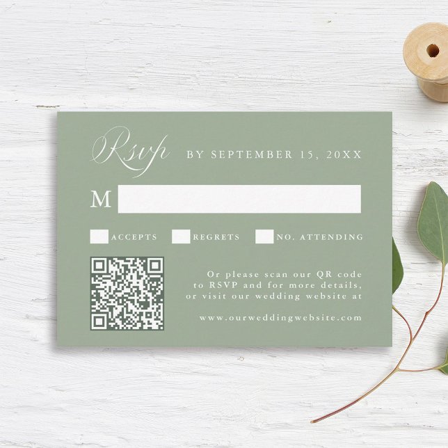 Cartão RSVP Stylish Calligraphy Script Wedding Sage Green (Criador carregado)