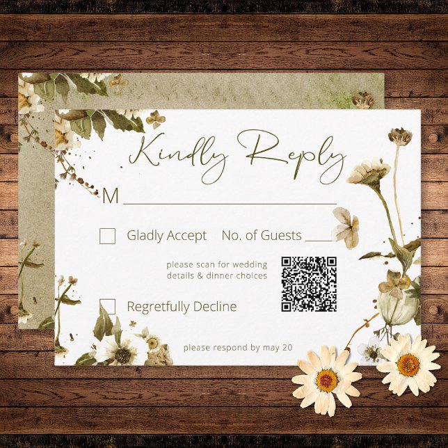 Cartão RSVP Summer Wildflower & Daisies Casamento Código QR (Summer Wildflowers & Daisies Wedding QR Code RSVP Card)