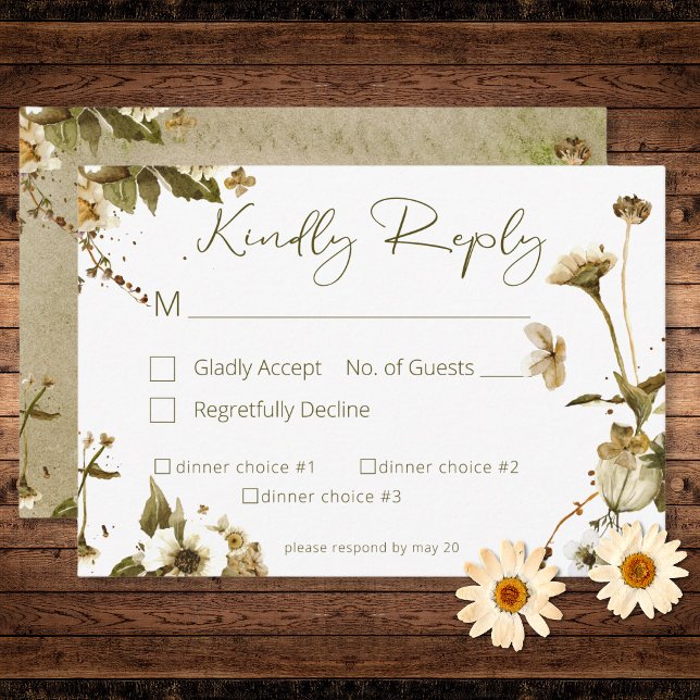 Cartão RSVP Summer Wildflower & Daisies Casamento Três Jantas (Summer Wildflowers & Daisies Wedding Three Dinner RSVP Card)