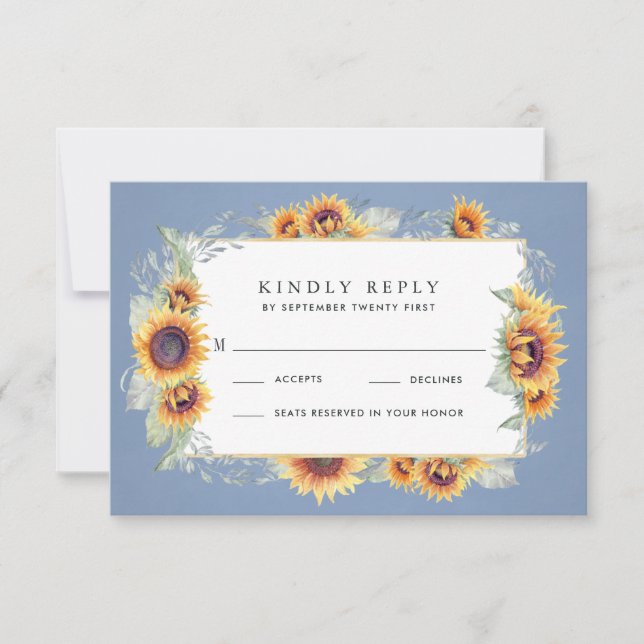 Cartão RSVP Sunflower Blue Watercolor Rustic Themed Weding (Frente)