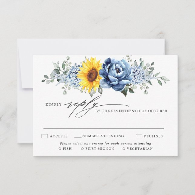 Cartão RSVP Sunflower Dusty Blue Slate Peony Casamento Floral (Frente)