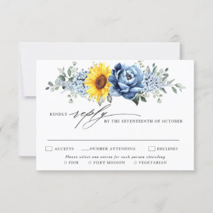 Cartão RSVP Sunflower Dusty Blue Slate Peony Casamento Floral