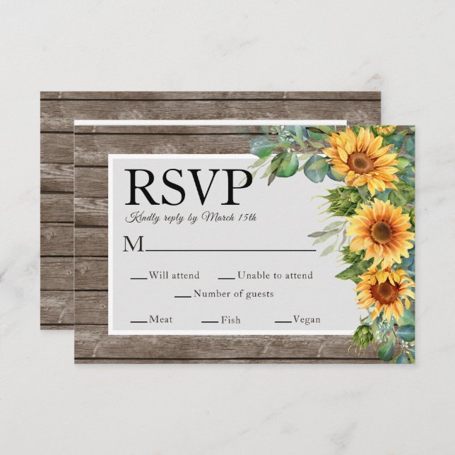 Cartão RSVP Sunflower Rustic Wood Casamento Website QR Code RS (Frente/Verso)