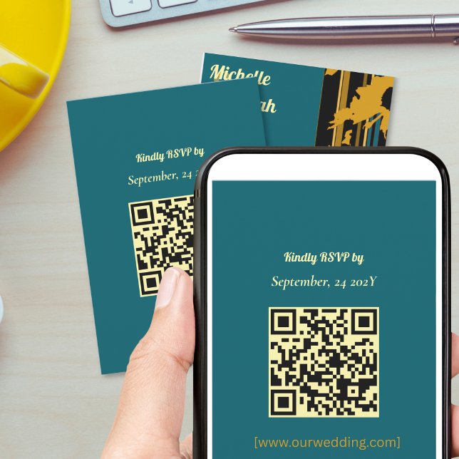 Cartão RSVP Sunflower Teal Blue Gold Modern QR Code Wedding  (Criador carregado)