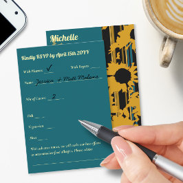 Cartão RSVP Sunflower Teal Blue Gold Modern Wedding