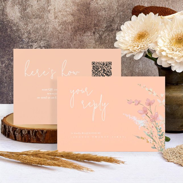 Cartão RSVP Sunny Wildflower Wedding Código QR Apricot ID1023 (Criador carregado)