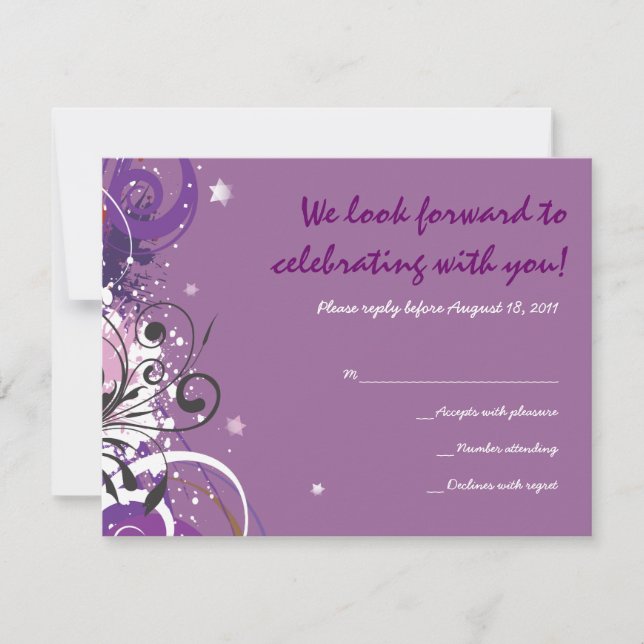 Cartão RSVP Swirls Violeta Quente Stars Bat Mitzvah Reply Card (Frente)