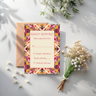 Cartão RSVP Talavera azulejo pink tile vintage Mexican wedding