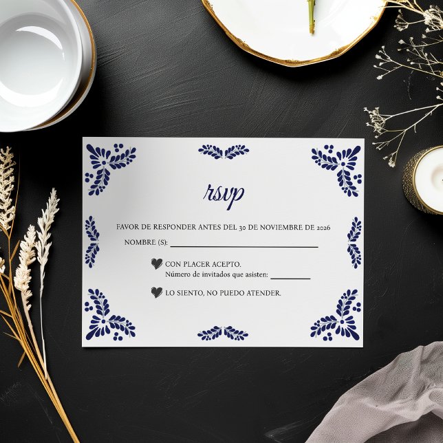 Cartão RSVP Talavera Blue Floral Minimalist Spanish Wedding (Talavera Blue Floral Minimalist Spanish Wedding RSVP Card)