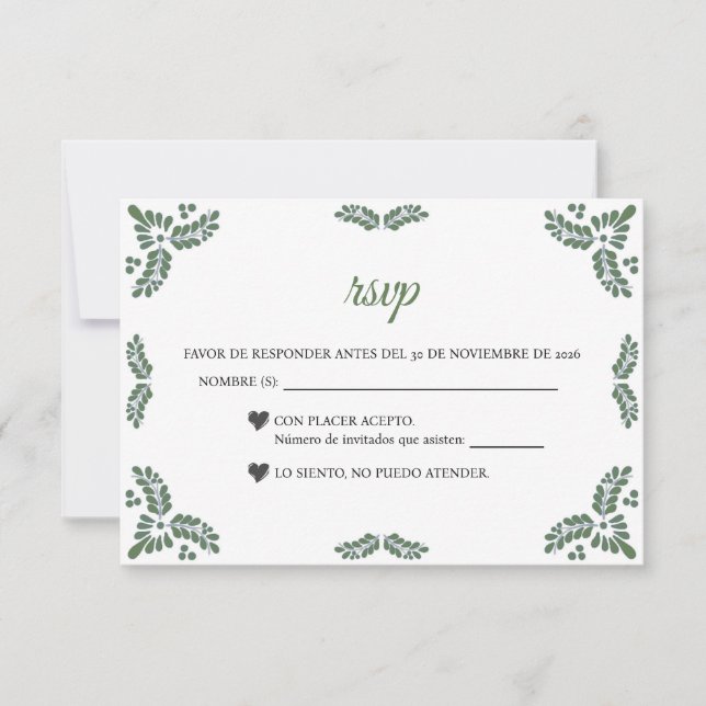 Cartão RSVP Talavera Green Floral Minimalist Spanish Wedding (Frente)