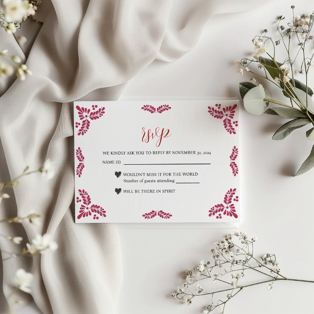 Cartão RSVP Talavera Mexicana Vermelho Floral Casamento Minima (Mexican Talavera Red Floral Minimalist Wedding RSVP Card)