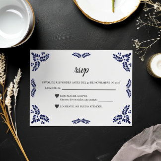 Cartão RSVP Talavera Preto Floral Minimalista Casamento Espanh