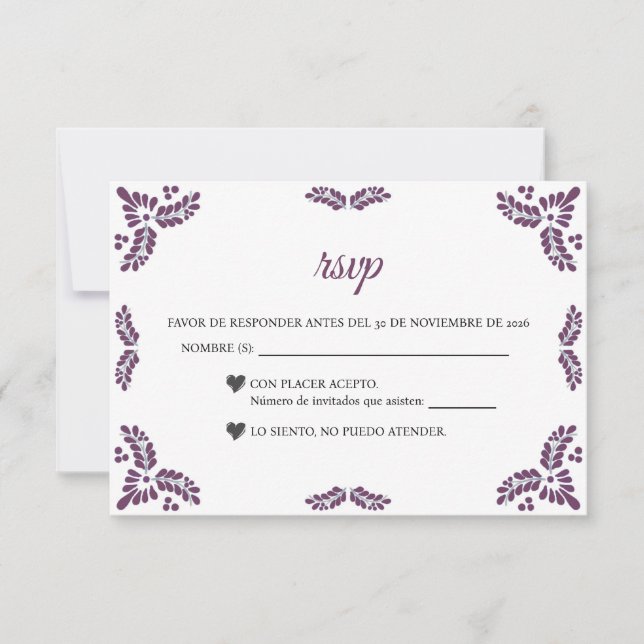 Cartão RSVP Talavera Purple Floral Minimalist Spanish Wedding (Frente)