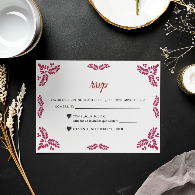 Cartão RSVP Talavera Red Floral Minimalist Spanish Wedding (Talavera Red Floral Minimalist Spanish Wedding RSVP Card)