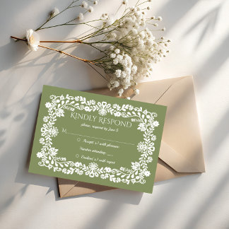 Cartão RSVP Talavera sage green Mexican wedding