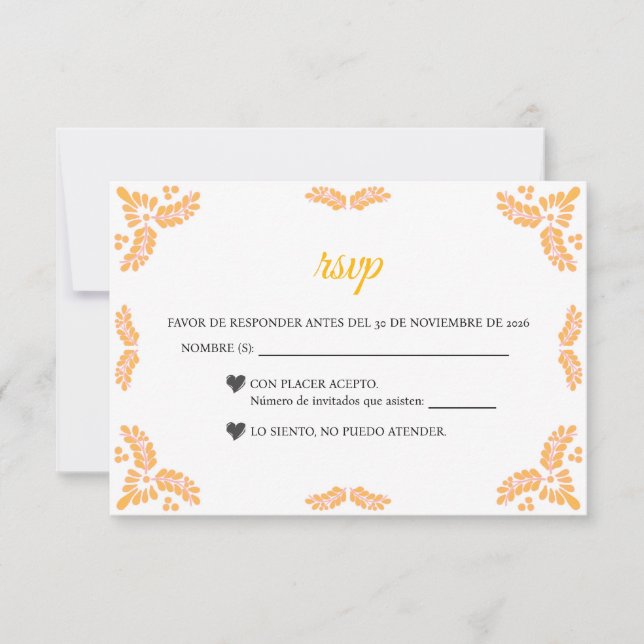 Cartão RSVP Talavera Yellow Floral Minimalist Spanish Wedding (Frente)
