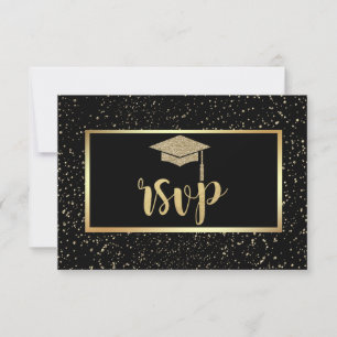 Cartão RSVP Tampa de Gradução com Brilho Dourado, Festa de For
