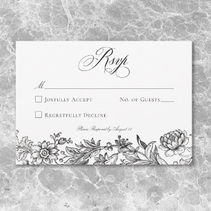 Cartão RSVP Tapeçaria Floral Preto e Branco Vintage para Casam