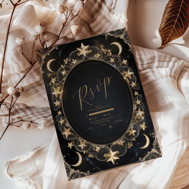 Cartão RSVP Tarot Casamento Celestial Sol Lua Estrelas Dourado (Criador carregado)
