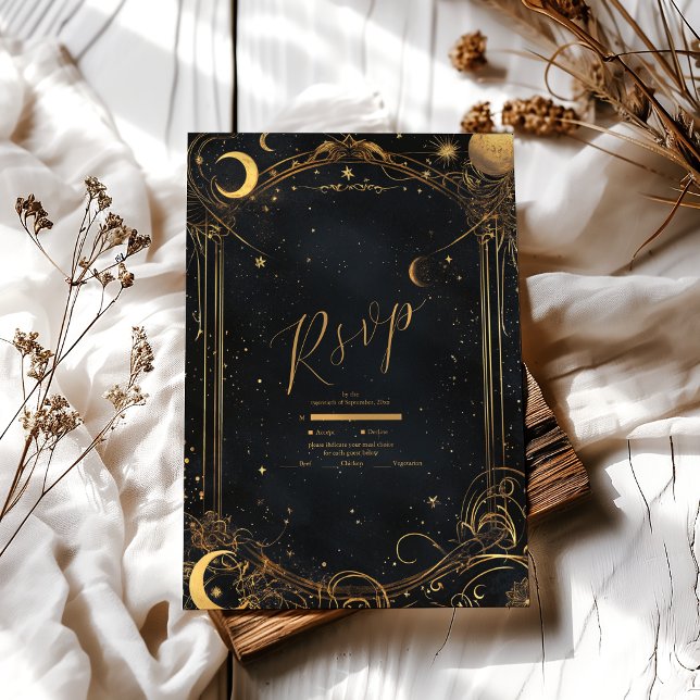 Cartão RSVP Tarot Casamento Celestial Sol Lua Estrelas Dourado (Criador carregado)