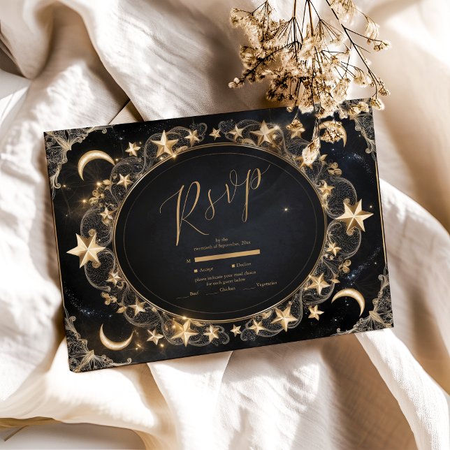 Cartão RSVP Tarot Celestial Weding Sun Moon Stars Dourado (Criador carregado)