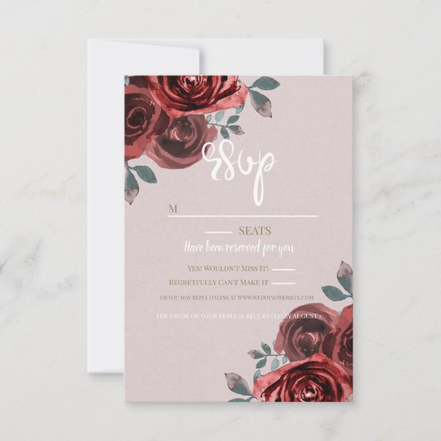 Cartão RSVP Taupe Burgundy Watercolor Rosa Casamento Verde (Frente)