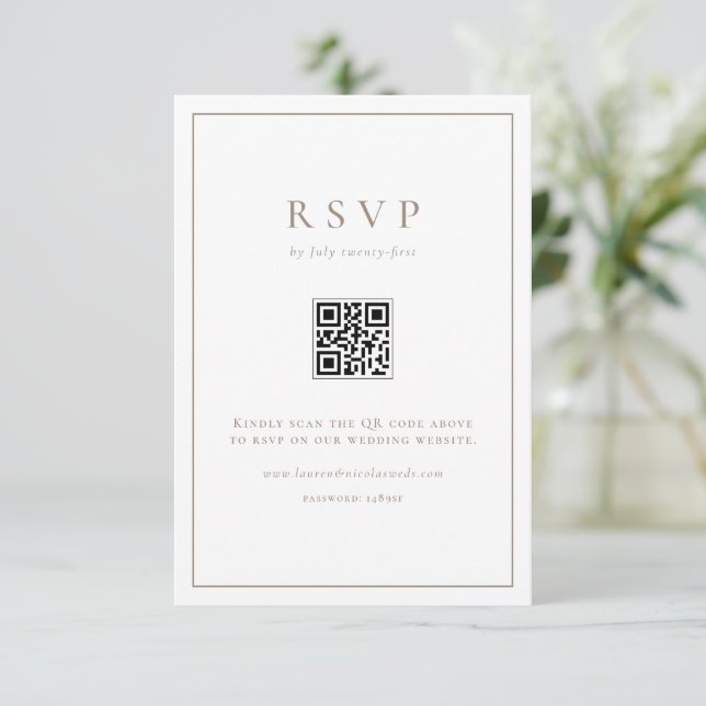 Cartão RSVP Taupe Simples Tipografia Código QR Casamento Forma (Em pé/Frente)