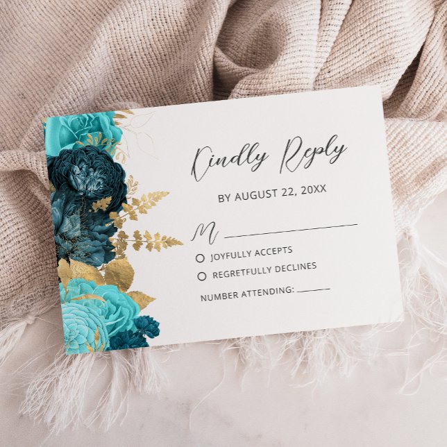Cartão RSVP Teal Aqua Gold Floral Modern Script Wedding (Criador carregado)