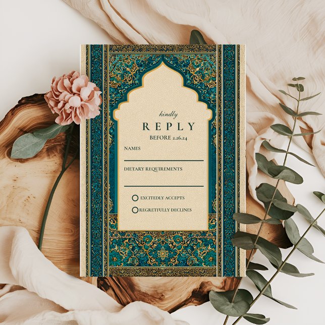 Cartão RSVP Teal Arch Islamic Wedding (Criador carregado)